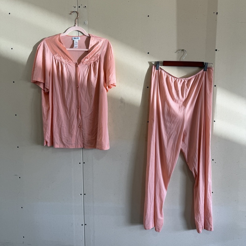 Vintage Vanity Fair Peach Nylon Pajama Set Lace Button Up Pants XL Lingerie PJs